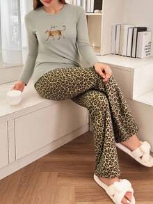 Mirano Slogan Print Short Sleeve Top & Cherry Pattern Long Pants Pajama Set - Grey - View 1