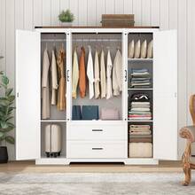 2/3/4 Doors Wardrobe Armoire Closet With Doors And Drawers, Farmhouse Wooden Armoire Storage Cabinet With Shelves & Hanging Rod For Bedroom - trắng - Xem 6