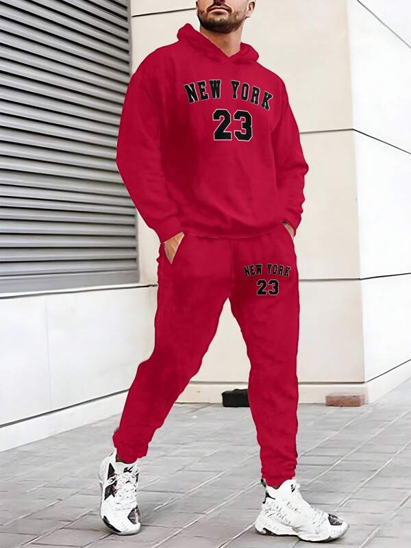 Conjunto de sudadera con capucha para hombre con estampado de números 23, conjunto de sudadera y pantalón de manga larga roja con estampado de la letra "New York" para primavera/otoño, conjunto de ropa deportiva casual minimalista