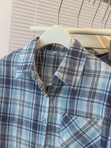 YUXIN Áo sơ mi dài tay kẻ caro cổ điển kiểu Mỹ dành cho nữ, áo cánh dáng rộng thoải mái sang trọng với chi tiết thiết kế, phù hợp cho mùa xuân và mùa thu - Màu xanh mòng két - Xem 5