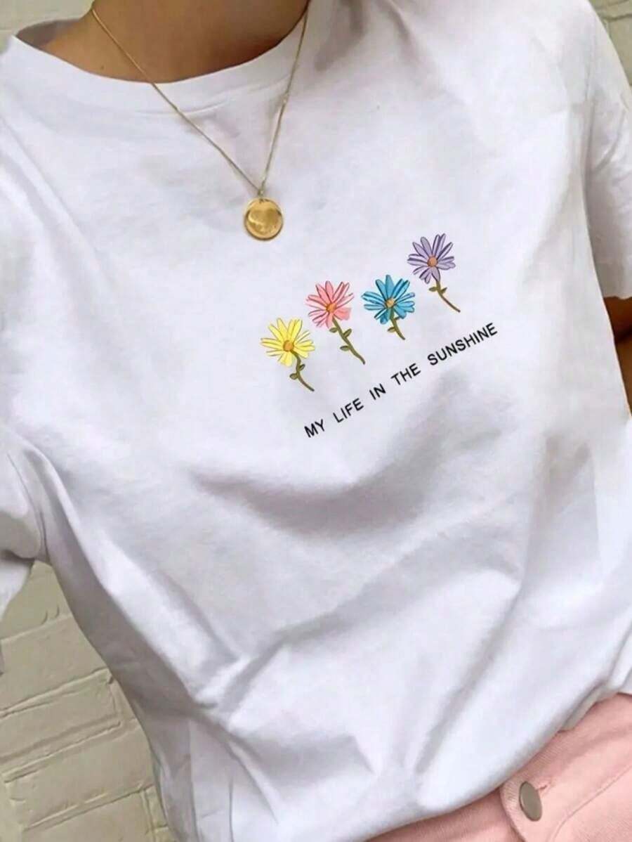 Camisa Feminina Casual Flores Coloridas 100% algodão verão - Branco - Visão 1