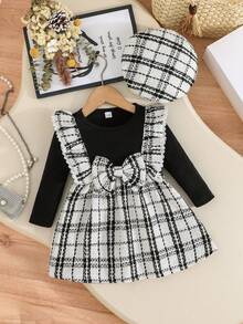 女童优雅花卉格子图案连衣裙，带帽子，时尚优雅的幼儿女童连衣裙 - 黑色 - 查看 1