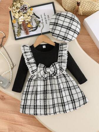 Vestido con sombrero de niña con elegante patrón floral a cuadros, vestido de niña pequeña de moda y grácil