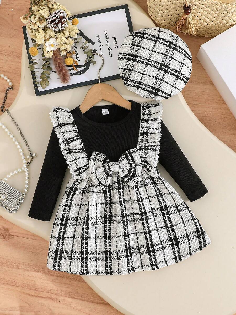 女童优雅花卉格子图案连衣裙，带帽子，时尚优雅的幼儿女童连衣裙 - 黑色 - 查看 1