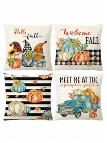 1/4 件亚麻印花方形抱枕套，感恩节南瓜图案枕套（不含枕芯），柔软面料，适合客厅、卧室、沙发、汽车、四季、返校季、节日礼物、秋季装饰、房间装饰