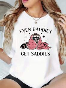 1pcs Women's Raccoon Graphic Print T Shirt 220g Cute Animal Casual 100% Cotton Round Neck Tee Cozy Outfit - 白色 - 查看 1