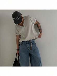 Fashionable Waffle Henley Collar Short Sleeved T-Shirt For Men's Summer American Retro Light And Thin Side Slit Bottom Top T-Shirt