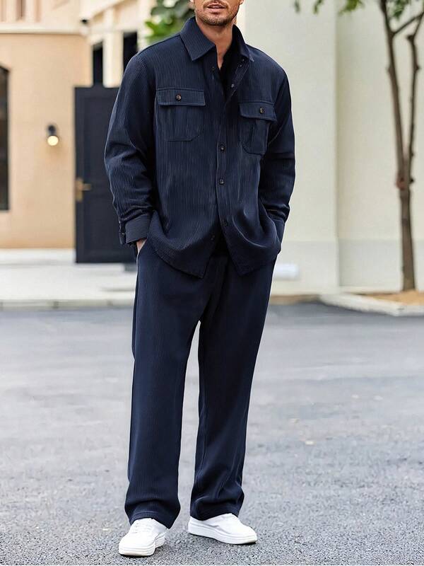 Men's Corduroy Dual Pocket Button Shirt Collar Casual Suit, Summer , Fall Clothes