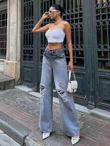 SQUALO Women's Wide Leg Color Blocked Washed Hem Retro Destroyed Washed Street Style Jeans - Grey - View 2