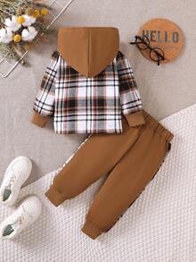 BrownBark 2pcs/Set Baby Boy Casual Outdoor Suit, Baby Boy Casual Plaid Pocket Hooded Long Sleeve Shirt + Relaxed Pants 2-Piece Set, Spring Autumn Children Clothing, Infant Outfit - Brown - View 3