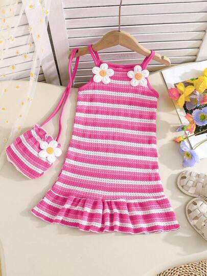 Baby Girls' Summer Striped Sleeveless Dress With Floral Embroidery, Sweet Dress With Crossbody Bag