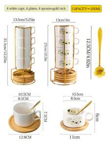 4pcs/Set Ceramic Marble Coffee Cup Set With Gold Stand, Including 4 Cups, 4 Saucers, 4 Spoons, Available In Turquoise Flower Design, 180ml Cappuccino/Latte Cups With Marble Pattern In Black Or White, Handled Espresso Cups