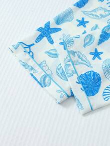 Set de pijamale 2 buc pentru femei cu imprimeu de scoici și stele de mare, top și pantaloni cu guler cu nasturi și mânecă lungă, pijamale casual pentru casă, costum de toamnă/iarnă, haine de toamnă