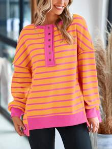 Womens Fall Striped Oversized Sweatshirt Long Sleeve Button Up Henley Neck Waffle Knit Pullover Tunic Tops - Bún vàng - Xem 3