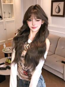 28" Cool Tone Brown Retro Egg Roll Curls Wig With Bangs- Voluminous Long Barrel Waves Synthetic Hair For Party Cosplay Daily Wear& All Skin Tones. - Brown - View 6