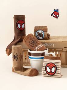 Marvel 5 Pairs Kids Socks, Spider-Man Superhero Socks For Boys Mid-Calf Socks, Korean Style Cartoon Socks For Girls, Autumn/Winter