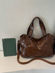 Große Kapazität einfarbige Damen Schultertasche, modische Damenhandtasche mit geräumigem Platz, personalisierte Schulter Umhängetasche geeignet für den täglichen Gebrauch, Schule, Ausflüge, Einkaufen, Geschenke, Reisen, Pendeln - Braun - Übersicht 9