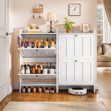 Shoe Organizer Storage Cabinet With 2 Flip Drawers,  2 Levels Of Shoe Storage,  Anti-Tip Device, With Side Hooks,Space-Saving For Hallway, For Entryway - trắng - Xem 2