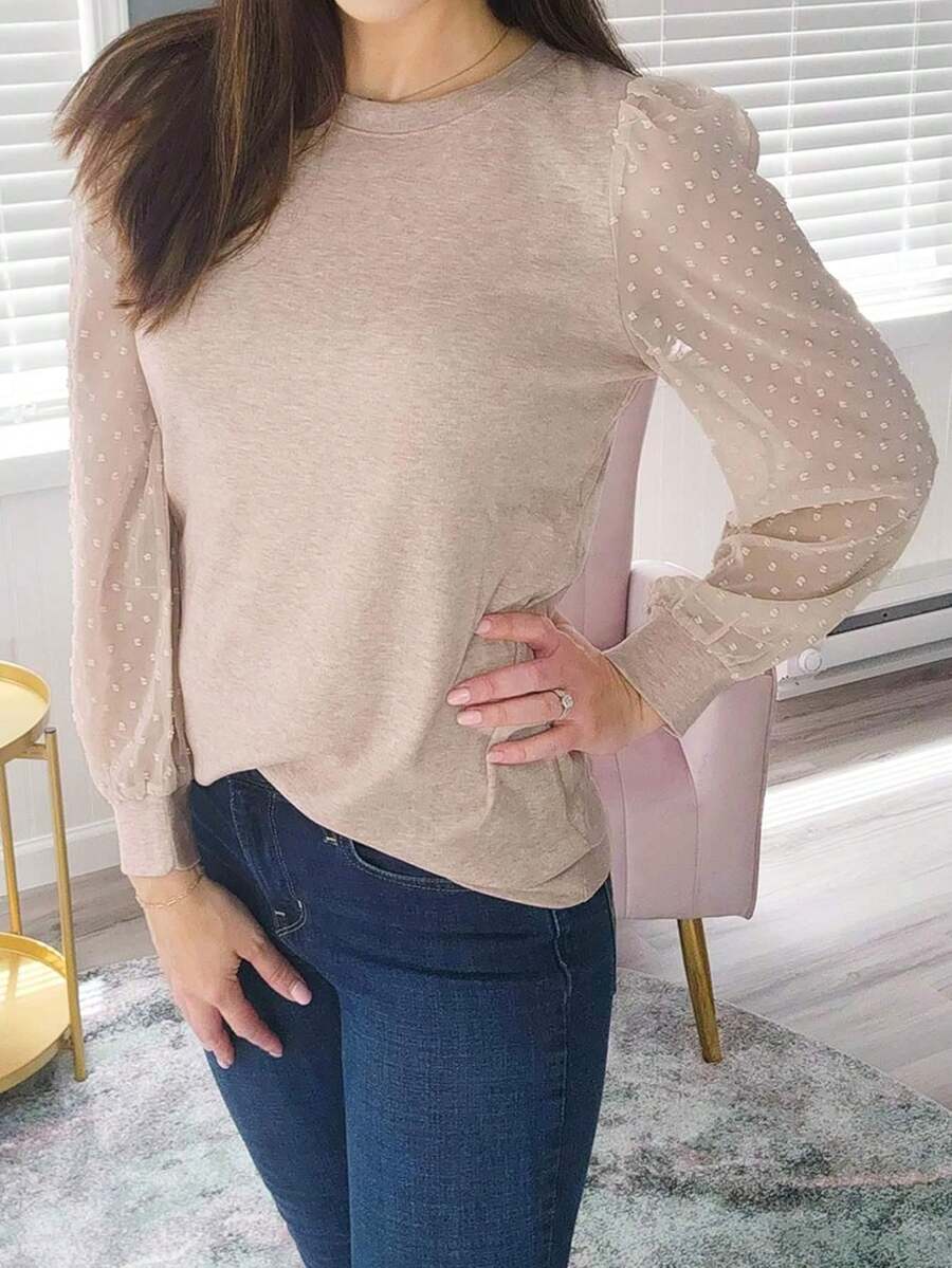 tooluck Long Sleeve Shirts For Women Tops Tunic Fall Crew Neck Clothes Beige - Beige - View 1