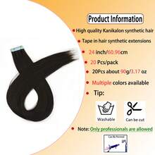 20 piezas Extensiones de cabello con cinta para mujeres, extensiones de cabello sintético Kanekalon de 24 pulgadas, disponibles en dos estilos: cabello ondulado y cabello liso, con tratamiento de rizado previo, elegantes extensiones de cabello ondulado y rizado con cinta, no se destiñen, sin costuras e invisibles para todo tipo de cabello 20 piezas/paquete 70g