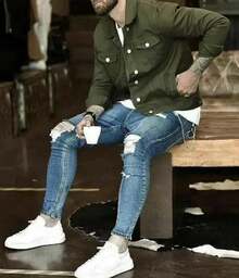 Men's Slim Casual Cotton Denim Jacket Coat - 軍綠色 - 查看 5