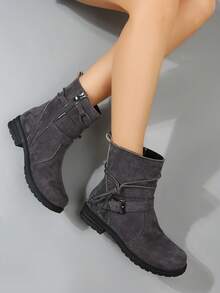 Damskie jesienno-zimowe botki zamszowe do połowy łydki, zapinane na suwak z boku, na grubym obcasie, w rozmiarze plus size, z paskiem na klamrę, z okrągłym noskiem, na imprezę - Szary - Zobacz 3