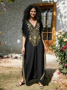 黑色刺绣迪拜风格休闲短袖女式睡袍 - 黑色 - 查看 6