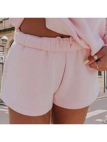 Women Athletic Shorts Loose Fit Solid Color Drawstring Sweatshorts For Yoga Running - 粉色 - 查看 5