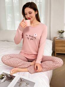Mirano Slogan Print Short Sleeve Top & Cherry Pattern Long Pants Pajama Set - Pink - View 5