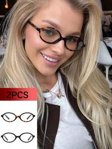 2pcs Women's Elliptical Small Oval Frame Personalized Street Snap Concave Shape Clear Glasses Summer Study Accessories Glasses Accessories For Women - 2 CÁI (màu da báo + đen) - Xem 3
