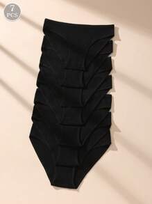 7pcs/Pack Women's Low Waist Black Cotton Ribbed Briefs, Comfortable, Minimalist, Soft & Skin-Friendly Underwear - Black - View 5