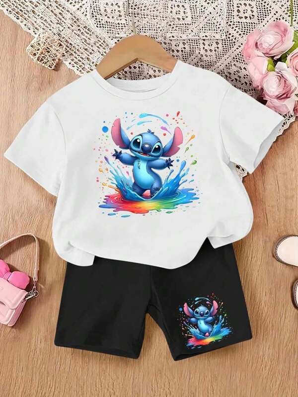 Disney The Blue Monster Playing In The Water      Pattern Fashion Leisure Set Gift, Girls' Clothing, Outdoor Camping Clothing, Festival Gift, Birthday Gift, Outdoor