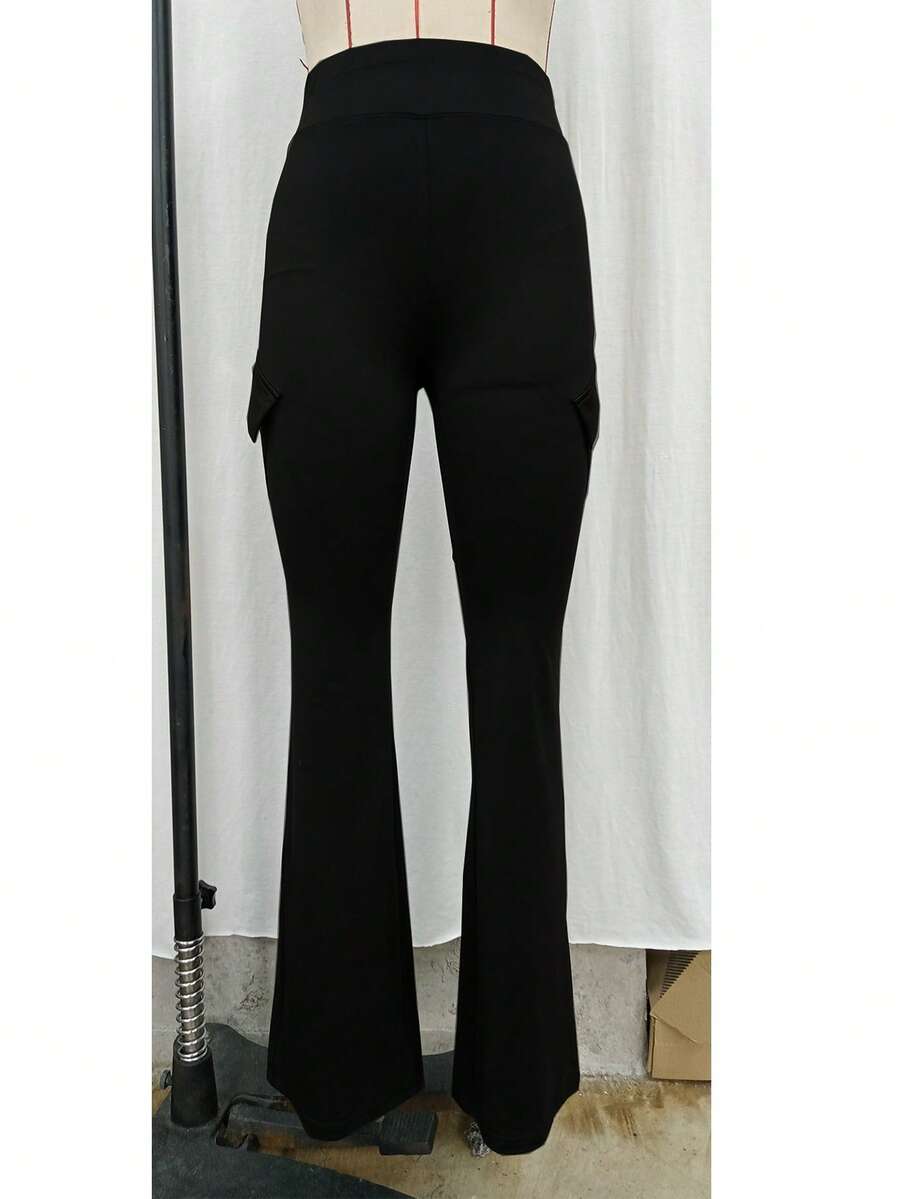 Women's Casual Solid Color Elastic Waist Pocket Design Slim Fit Flared Leg Pants, Suitable For Street And Daily Wear - Black - View 1