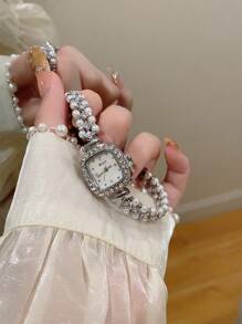 1 pieza Reloj de mujer cuadrado con perla/Reloj minimalista dorado con esfera pequeña para uso diario y regalo/Boda/Fiesta