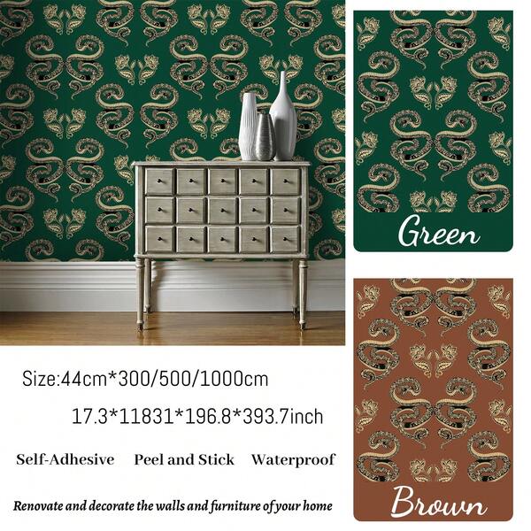 1 Roll Vintage Green/Brown Self-Adhesive Waterproof Wallpaper, Snake & Floral Vinyl Wallcovering, New Gothic Halloween Decor, Removable Wallpaper, Art Wall Stickers, Perfect For Home Decor, Wallpaper, Room Decor, Bedroom Decor, Kitchen Decor, Bathroom Decor, Living Room Decor, Rental/Apartment Decor, Office Renovation, Fall Decoration, Easy Installation, Quick Home Makeover! Wall Paper Wall Decor Wallpaper Stickers Wall