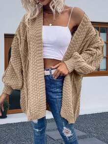 Womens Oversized Open Front Cardigan Sweaters Cable Knit Lantern Sleeve Chunky Knit Coats - 卡其色 - 查看 4