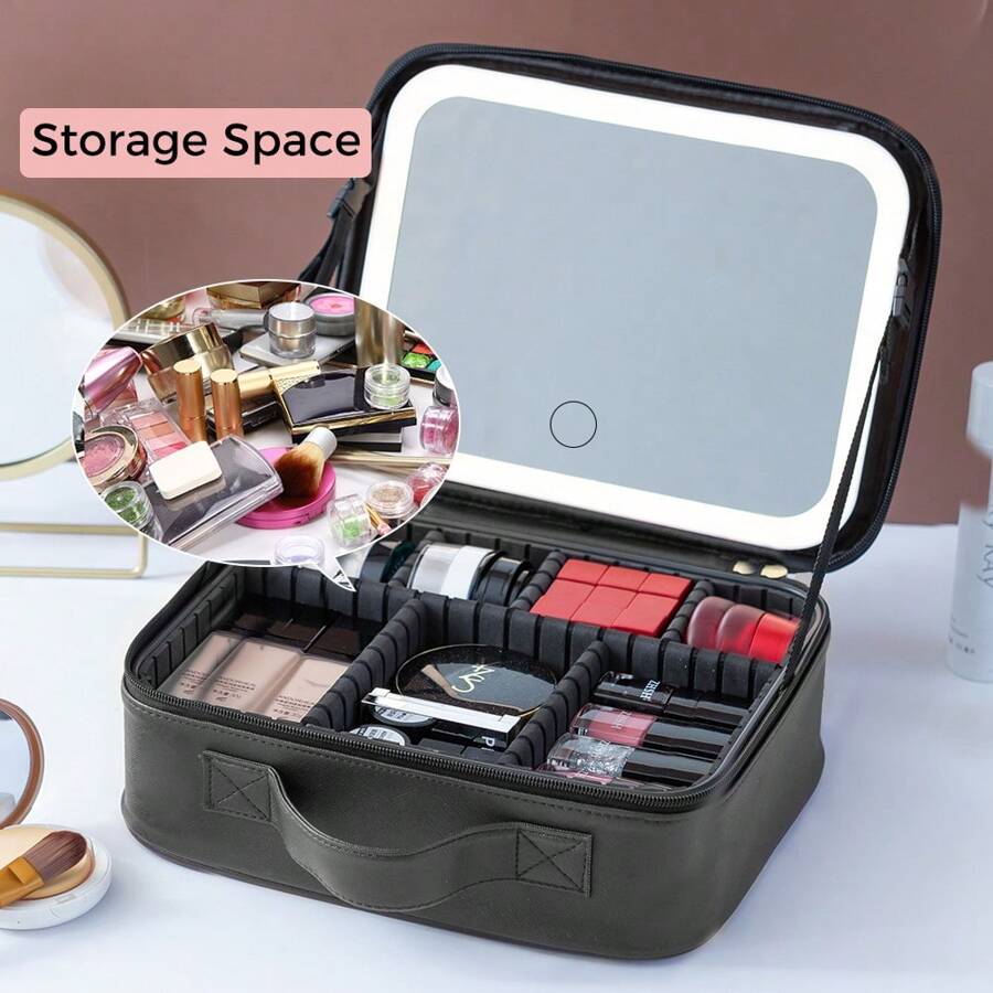 YTWO 带镜子的 LED 照明化妆包、豪华旅行化妆收纳包、带 3 个可调亮度灯镜的化妆品收纳盒、女士化妆刷珠宝配件隔层、新娘派对化妆包 - 彩色 - 查看 1