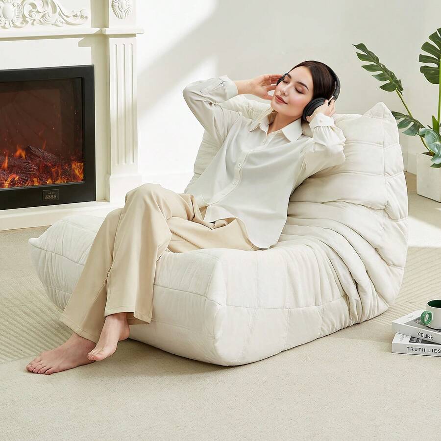 Giant Bean Bag Chairs For Adults, Velvet Lazy Sofa, Lazy Floor Sofa Couch Single Seat With Non-Slip Base, ,  Fireside Lounger Chair With All-In-One Memory Foam, Beanbag Togo Sofa For Living Room Bedroom Dorm Office, Reading - 白色 - 查看 1