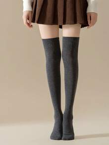 1双女士秋季过膝袜，高筒防滑修身纯色小腿袜，舒适袜子