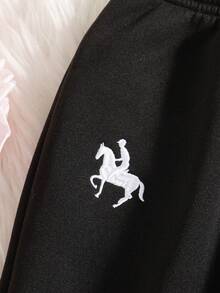 Tween Girls Casual Solid Color Faux Drawstring Embroidered Cartoon Pattern Elastic Waist Thermal Lined Pants & Oversized Hoodie, Autumn/Winter