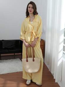 Bộ đồ thời trang nữ mới, áo kiểu voan hồng có eo điều chỉnh được, kết hợp với quần ống rộng voan. - Màu vàng - Xem 7