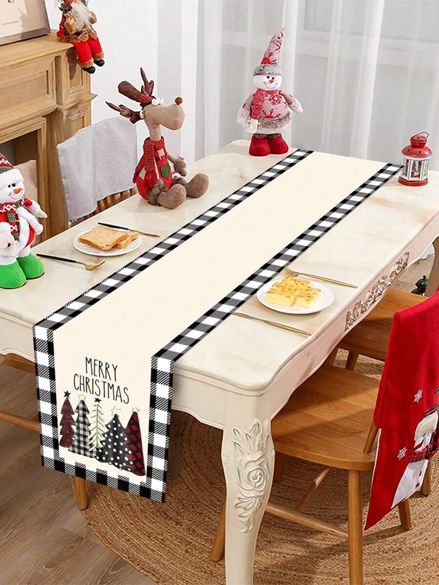 1 Pieza Camino de mesa de Navidad de poliéster, Cubierta de mesa con patrón de árbol de Navidad a cuadros en blanco y negro, Camino de mesa de Navidad, Suministros de decoración atmosférica navideña, Decoración de sala para fiesta de Navidad, Decoración de Nochebuena, Mantel navideño, Decoración navideña, Decoración de fiesta de Navidad, Decoración del hogar, Decoración de mesa, Adornos navideños
