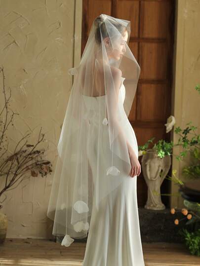 1pc Beaded Flower Single Layer Bridal Veil, Hairstyle Accessory Suitable For Wedding Dress Fall Clothes For Women