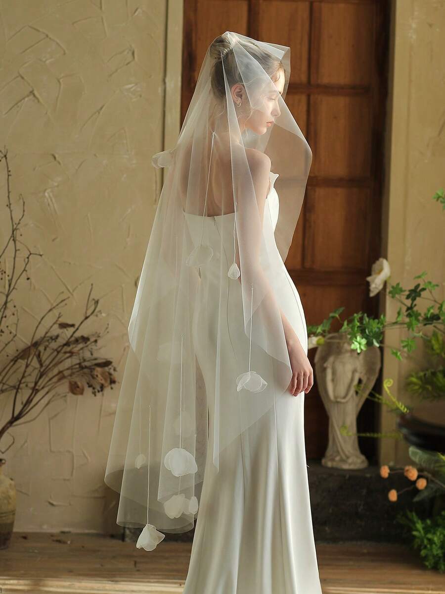 1pc Beaded Flower Single Layer Bridal Veil, Hairstyle Accessory Suitable For Wedding Dress Fall Clothes For Women