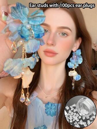 Pendientes con colgante de flor azul con borlas, pendientes con colgante de cristal sintético, accesorios de flor de perla sintética elegantes y de moda para mujeres, adecuados para vacaciones, bodas, el regalo de moda perfecto para mujeres