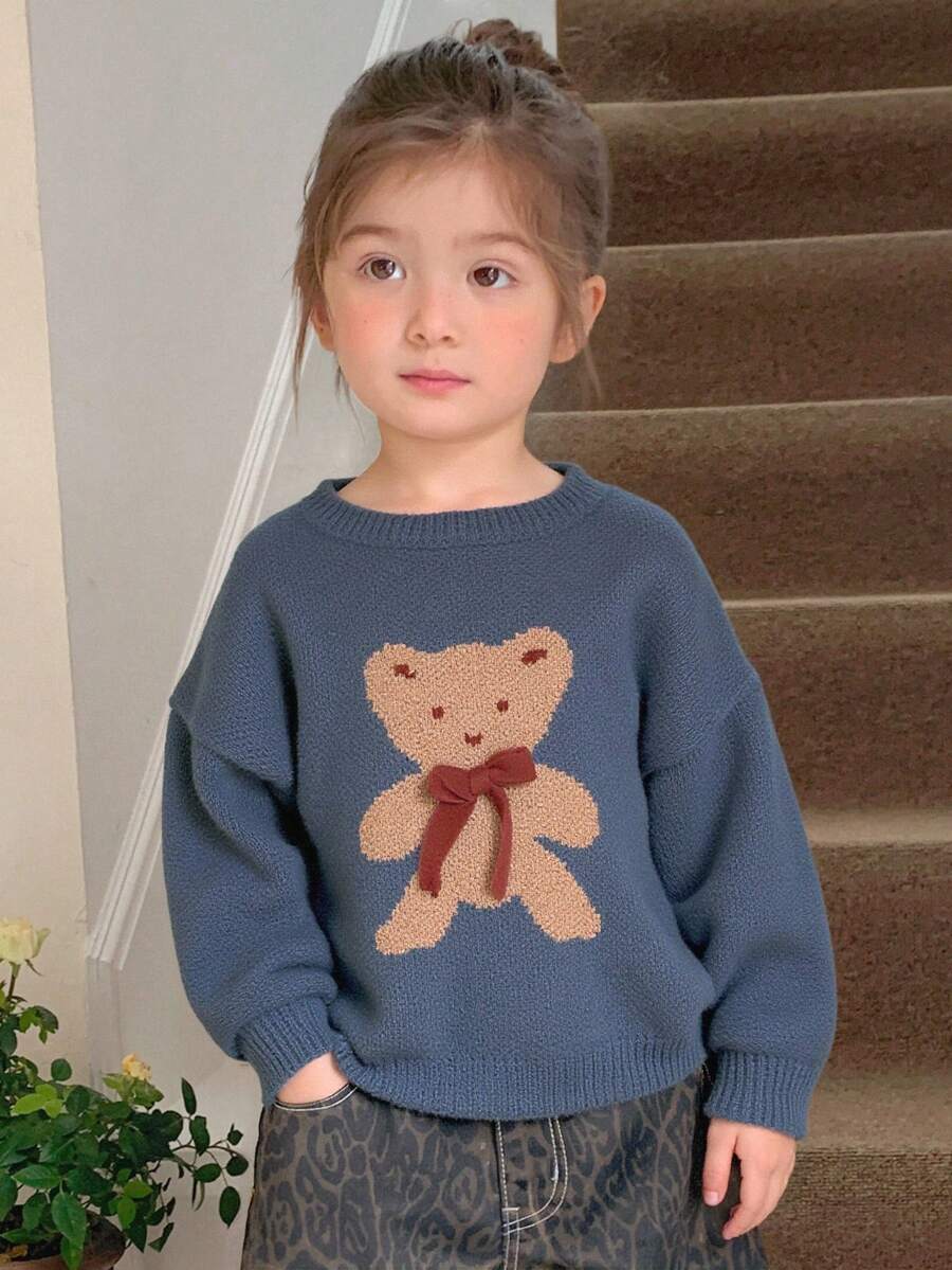 Dazy Kids 少女圆领图案毛衣，秋装 - 藍色 - 查看 1