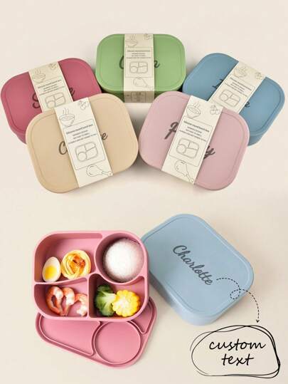 1 pièce Boîte de rangement pour aliments pour bébé en silicone personnalisée avec nom. Assiette à 4 compartiments portable personnalisée pour bébé. Idées de cadeaux pour l'hiver, la rentrée scolaire, la Saint-Valentin. Multifonctionnel, ornemental, avec lettres, élégant, mode bébé, doux et moelleux, coloré, mignon Kawaii, adorable, unique, personnalisé, cadeaux pour bébé, cadeaux mignons pour bébé, pour la Fête des enfants, multifonctionnel, ornemental, avec lettres, élégant, moderne, coloré, mignon, adorable, décontracté, personnalisé, idéal pour lui, idéal pour elle, chic automne, enfants, vaisselle pour enfants personnalisée