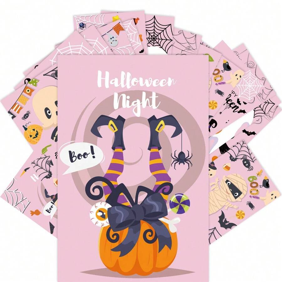 12pcs/Set Pink Halloween Greeting Cards - Handwritten Single-Sided Paper Postcards, Party Invitations, Decorations With Elements Like Ghosts, Pumpkins, Spiders, Bats, Castles, Black Cats, Tombstones, Suitable For Halloween Decoration, Theme Party Invitations, Halloween Decor, Fall, Room Decor, Fall Home Decor, Halloween Decorations