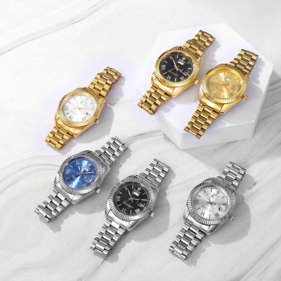 JEWELRYWE Elegant Men's Formal Watch, Analog Quartz Wristwatch, Stainless Steel Strap, Round Case, Calendar, Date, Luminous, Roman Numeral Scale, Suitable For Daily Casual Business Wear, Father's Day Birthday Anniversary Christmas Gift - 金色-白色 - 查看 1