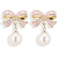 Bow Earrings For Women  Sparkly Rhinestone Chain Tassel Earrings Cute Ribbon Stud Earring Daily Party Jewerly Gifts Christmas Stocking Stuffers - C2: Pink Bow Pearl Earrings Gol - View 1